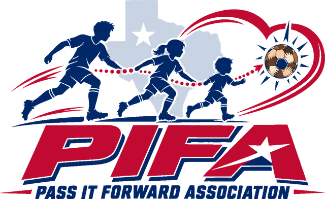 Pass It Forward Association logo: three young players passing a ball toward a heart, over the outline of Texas