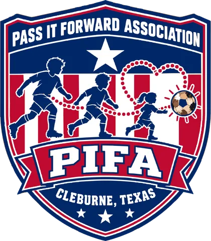 PIFA shield crest: Pass It Forward Association, Cleburne, Texas, with three stars